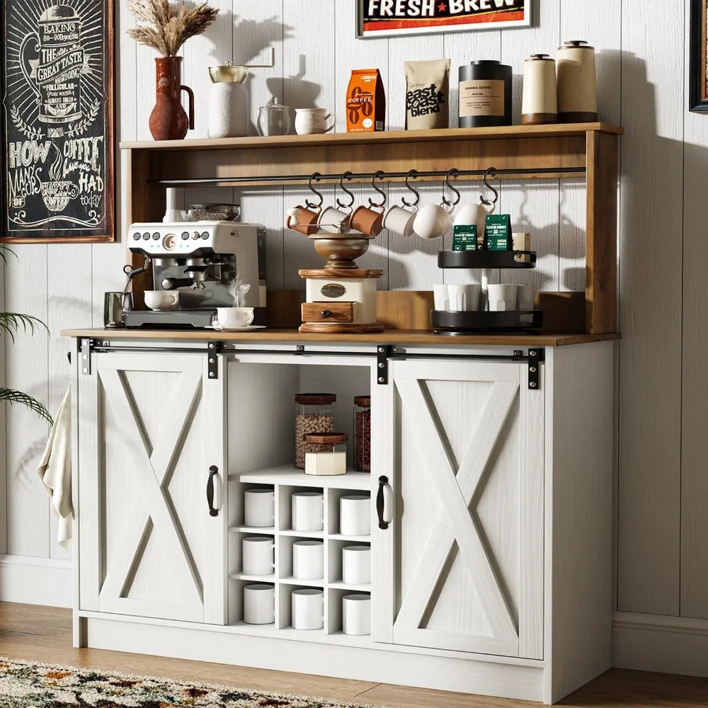 Farmhouse Coffee Bar with 9 Wine Racks and 6 Hooks, Cabinet with Cabinet, Kitchen Buffet Cabinets