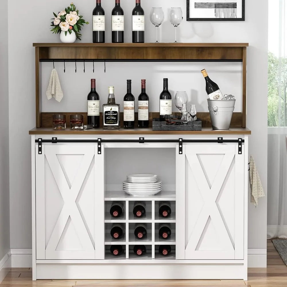 Farmhouse Coffee Bar with 9 Wine Racks and 6 Hooks, Cabinet with Cabinet, Kitchen Buffet Cabinets