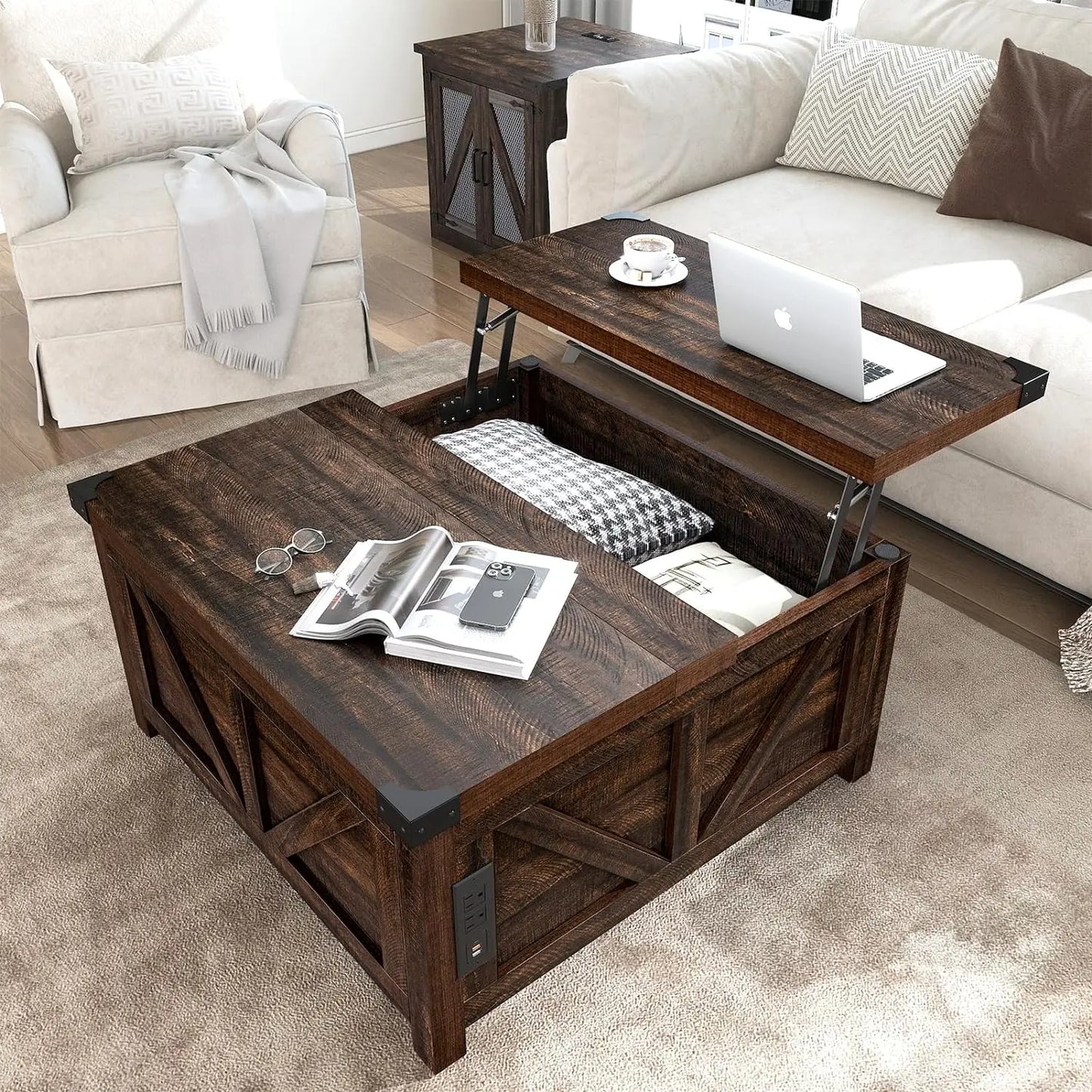 Lift Top Coffee Table with Charging Station Power Outlets &USB Ports