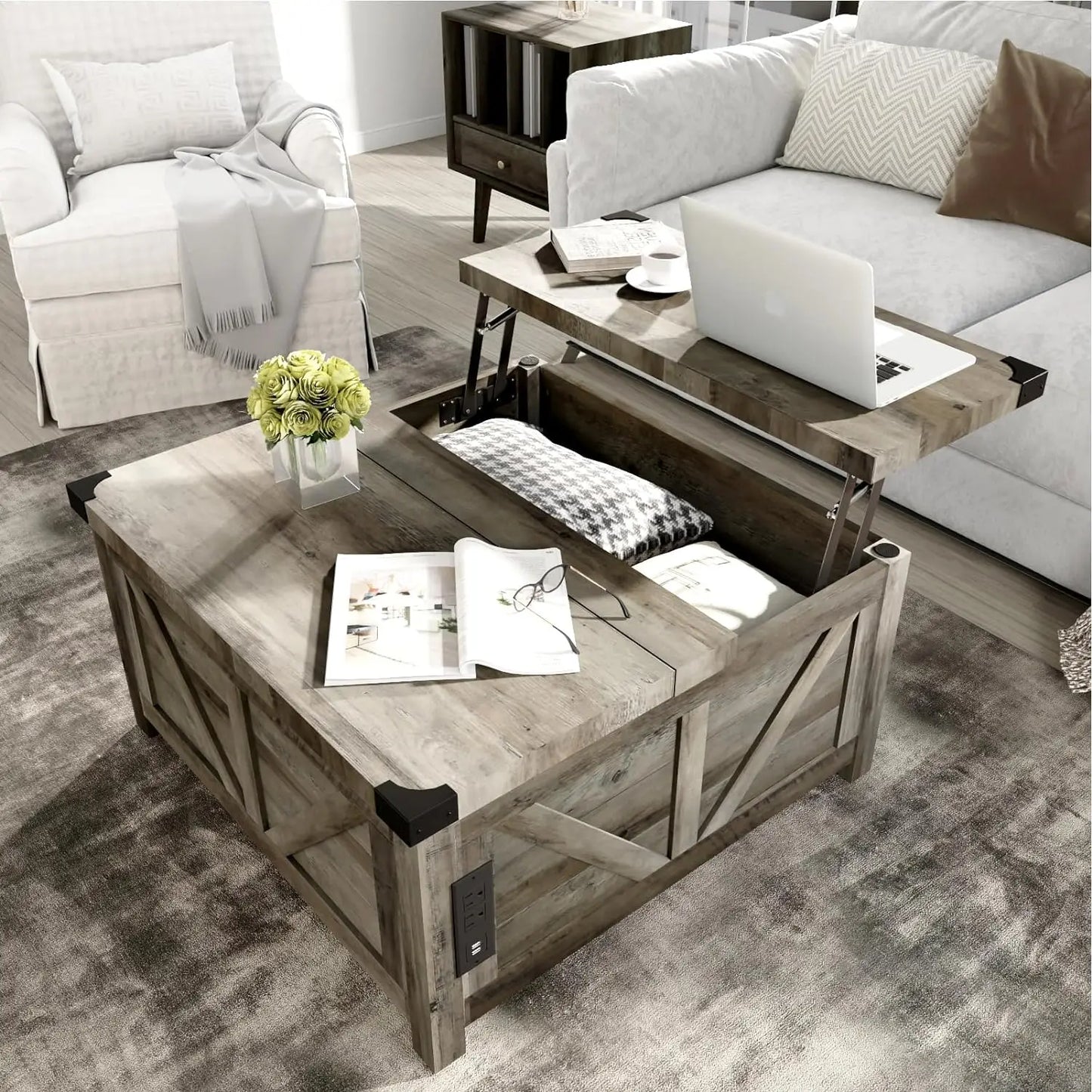Lift Top Coffee Table with Charging Station Power Outlets &USB Ports