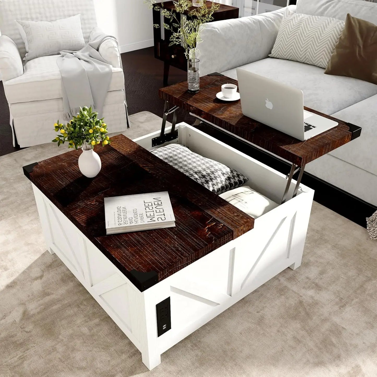 Lift Top Coffee Table with Charging Station Power Outlets &USB Ports