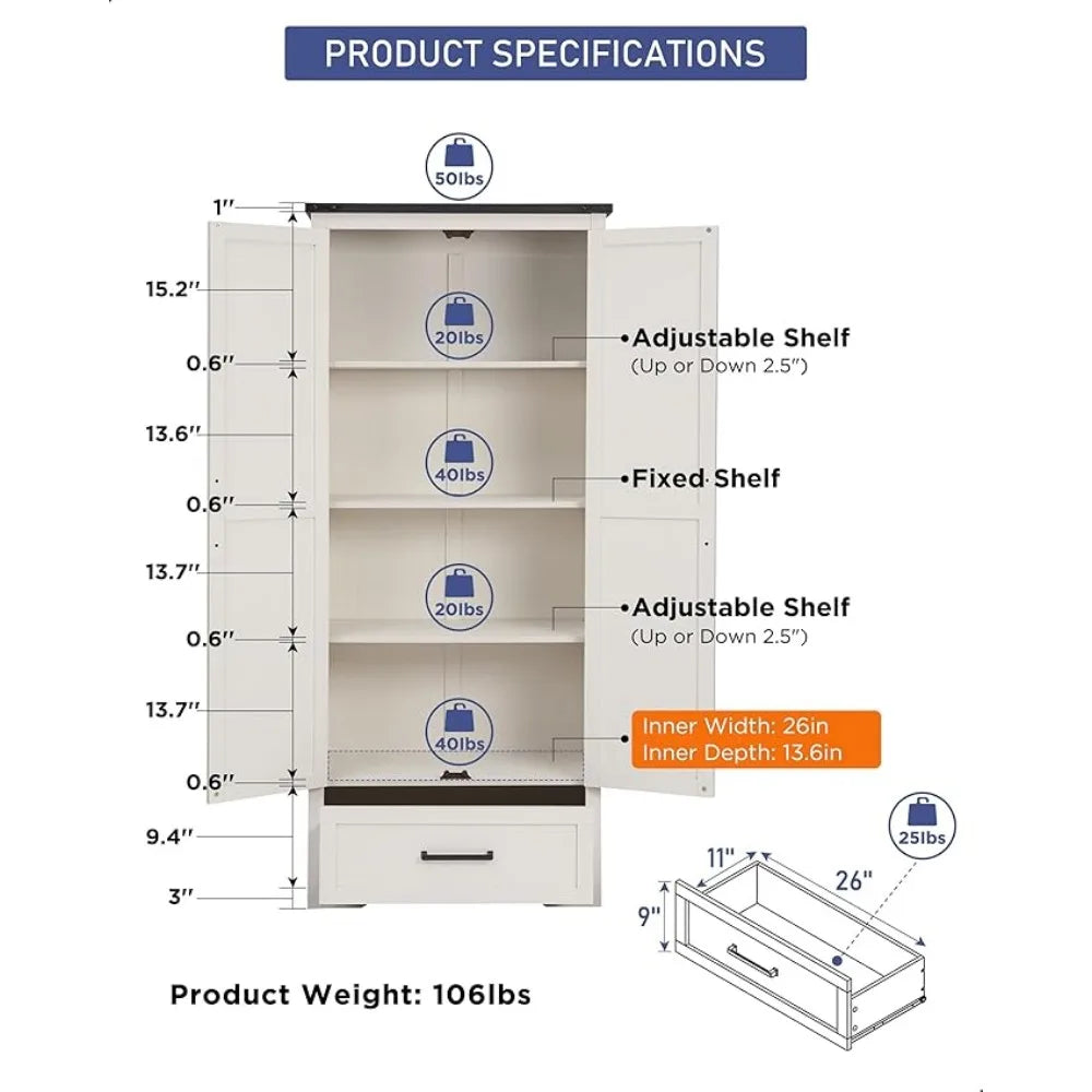 Farmhouse Kitchen Pantry Cabinet - 72" Tall antique white, antique black, brown or light brown