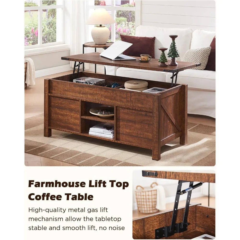 Coffee Table Lift Top with hidden storage, Sliding Barn door cabinets and center shelf