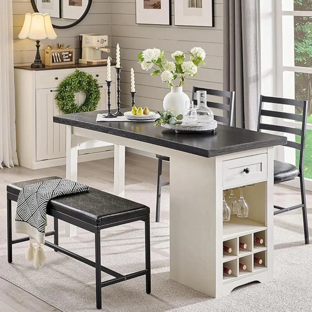 Farmhouse Dining Table Set with 2 Chairs and Bench, white, grey or light brown