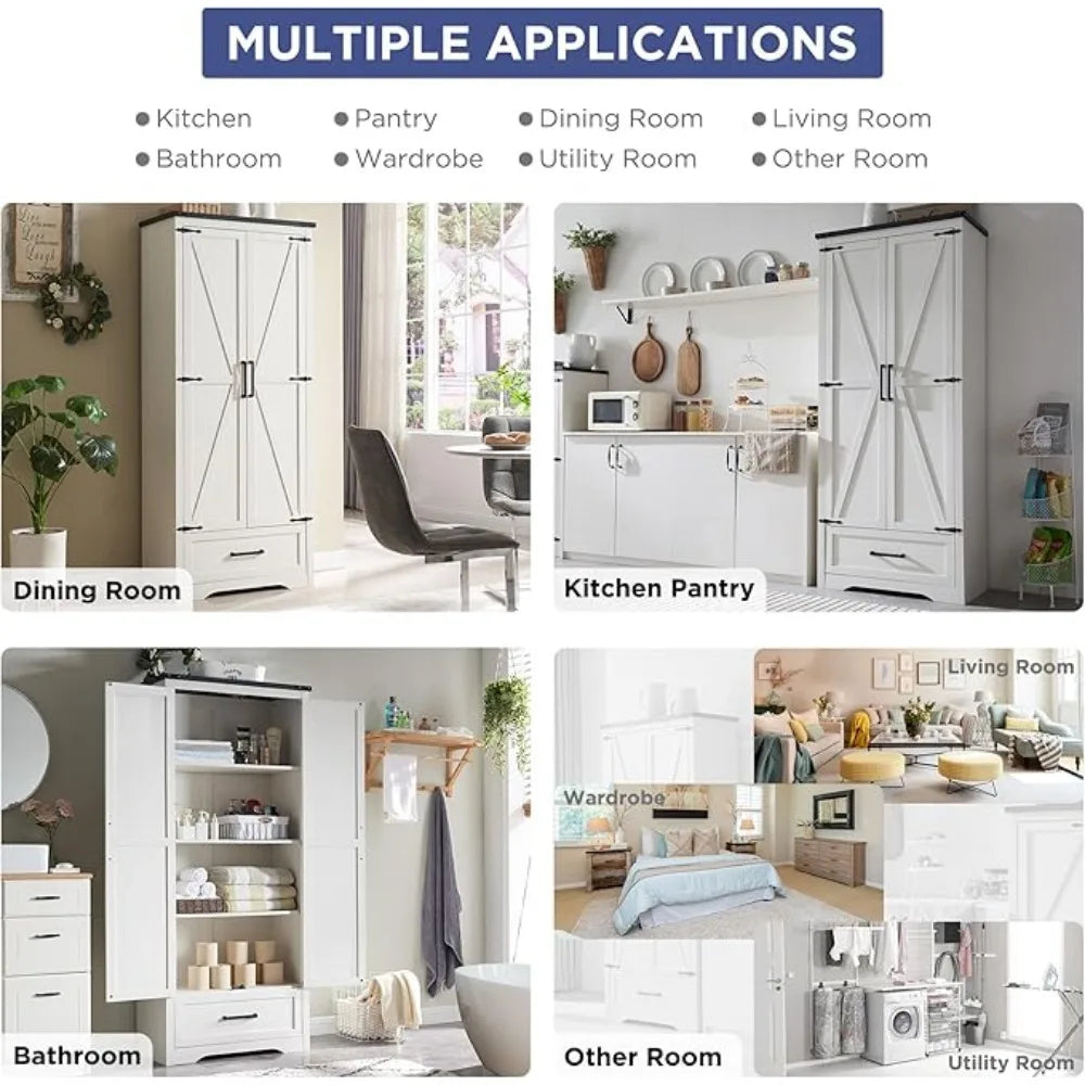 Farmhouse Kitchen Pantry Cabinet - 72" Tall antique white, antique black, brown or light brown
