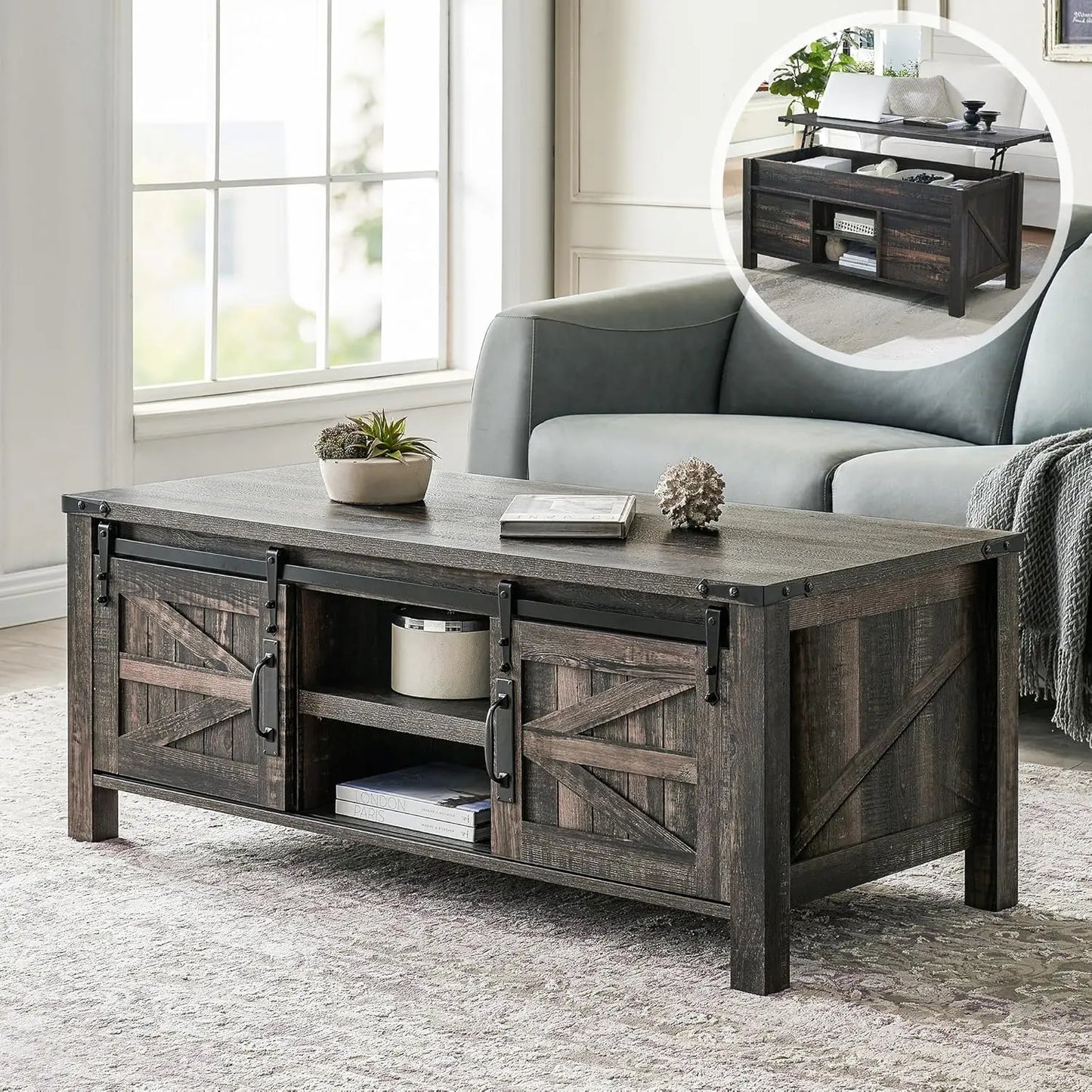Coffee Table Lift Top with hidden storage, Sliding Barn door cabinets and center shelf