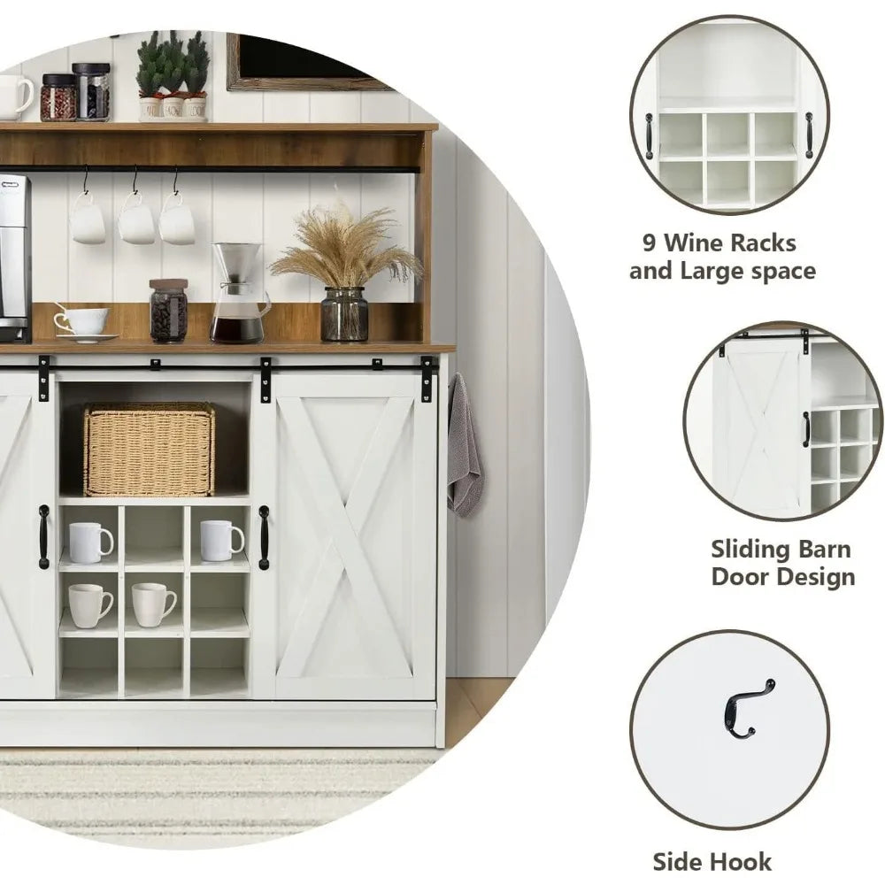 Farmhouse Coffee Bar with 9 Wine Racks and 6 Hooks, Cabinet with Cabinet, Kitchen Buffet Cabinets