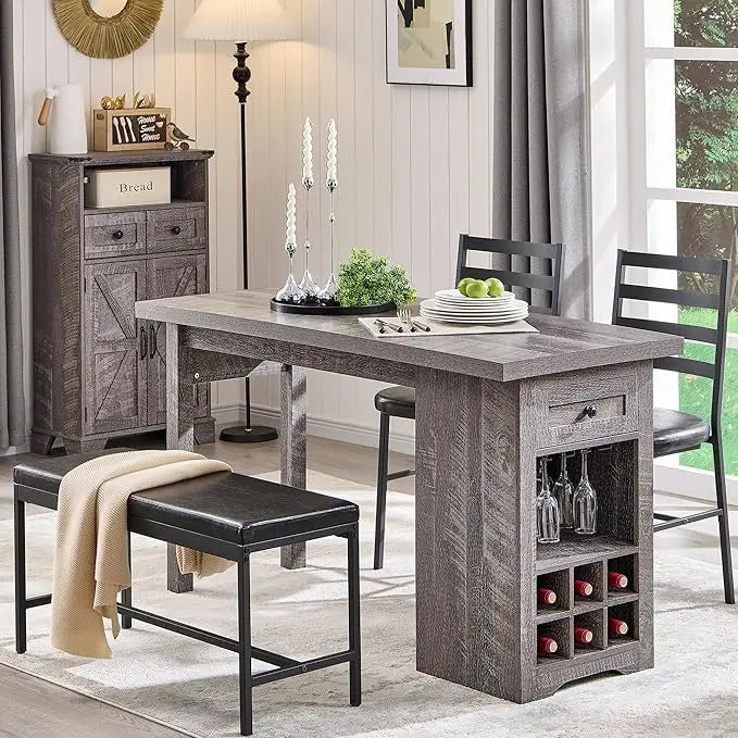 Farmhouse Dining Table Set with 2 Chairs and Bench, white, grey or light brown