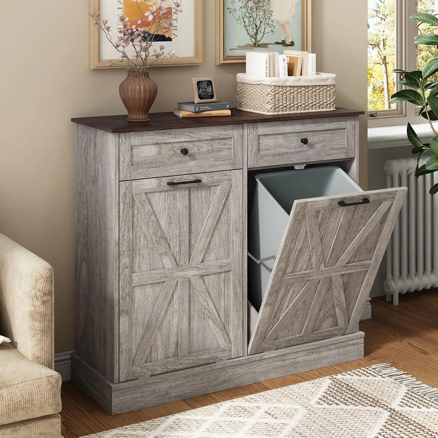 Trash Cabinet Double Tit Out Trash Bin, black, grey, white or walnut white