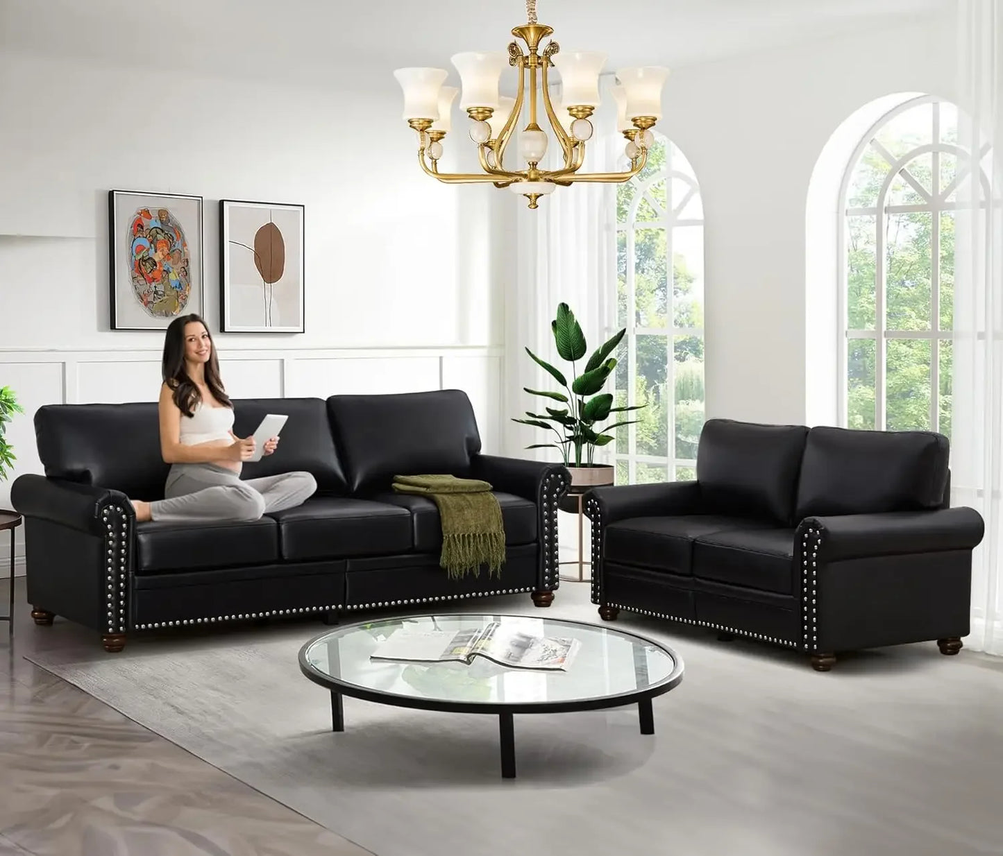 2-Piece Leather Sofa Couch Set with Storage Space, various colors