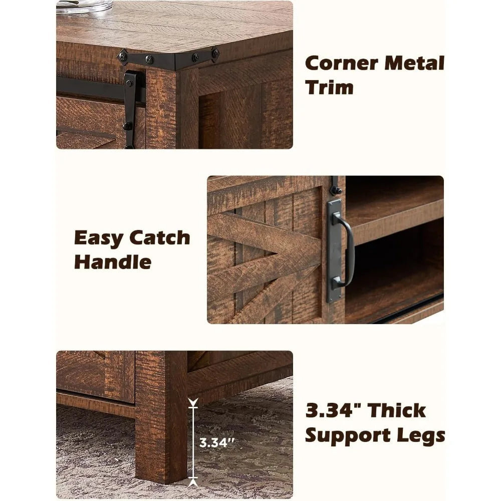 Coffee Table Lift Top with hidden storage, Sliding Barn door cabinets and center shelf