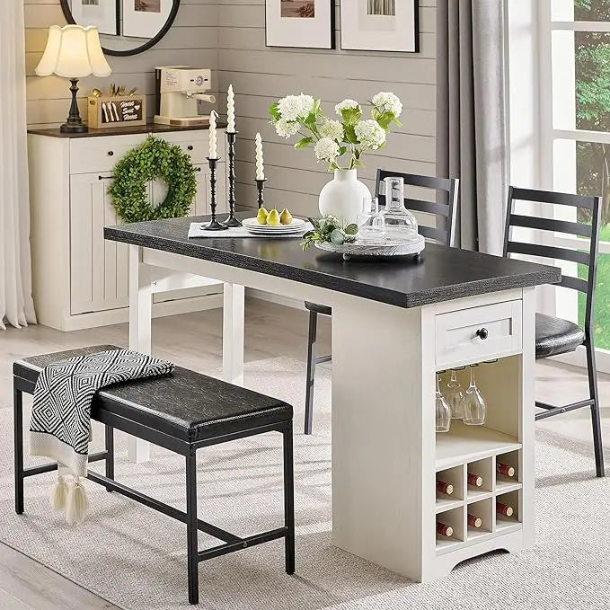 Farmhouse Dining Table Set with 2 Chairs and Bench, white, grey or light brown