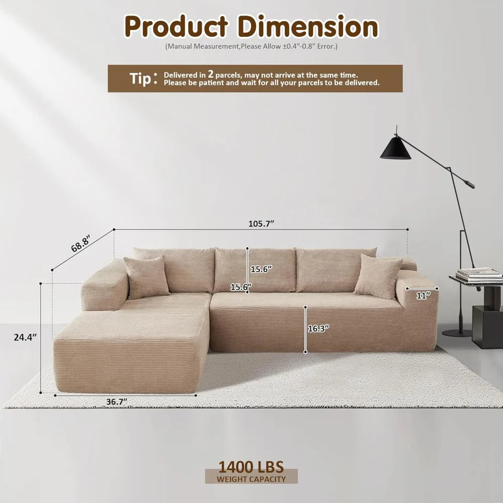 104" L-Shape Chaise, Memory Foam Sofa with Corduroy Fabric, various colors