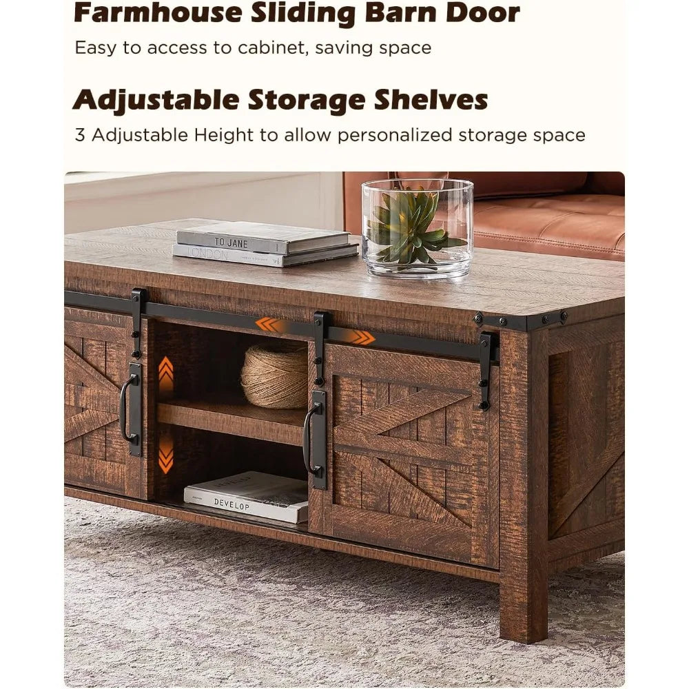 Coffee Table Lift Top with hidden storage, Sliding Barn door cabinets and center shelf
