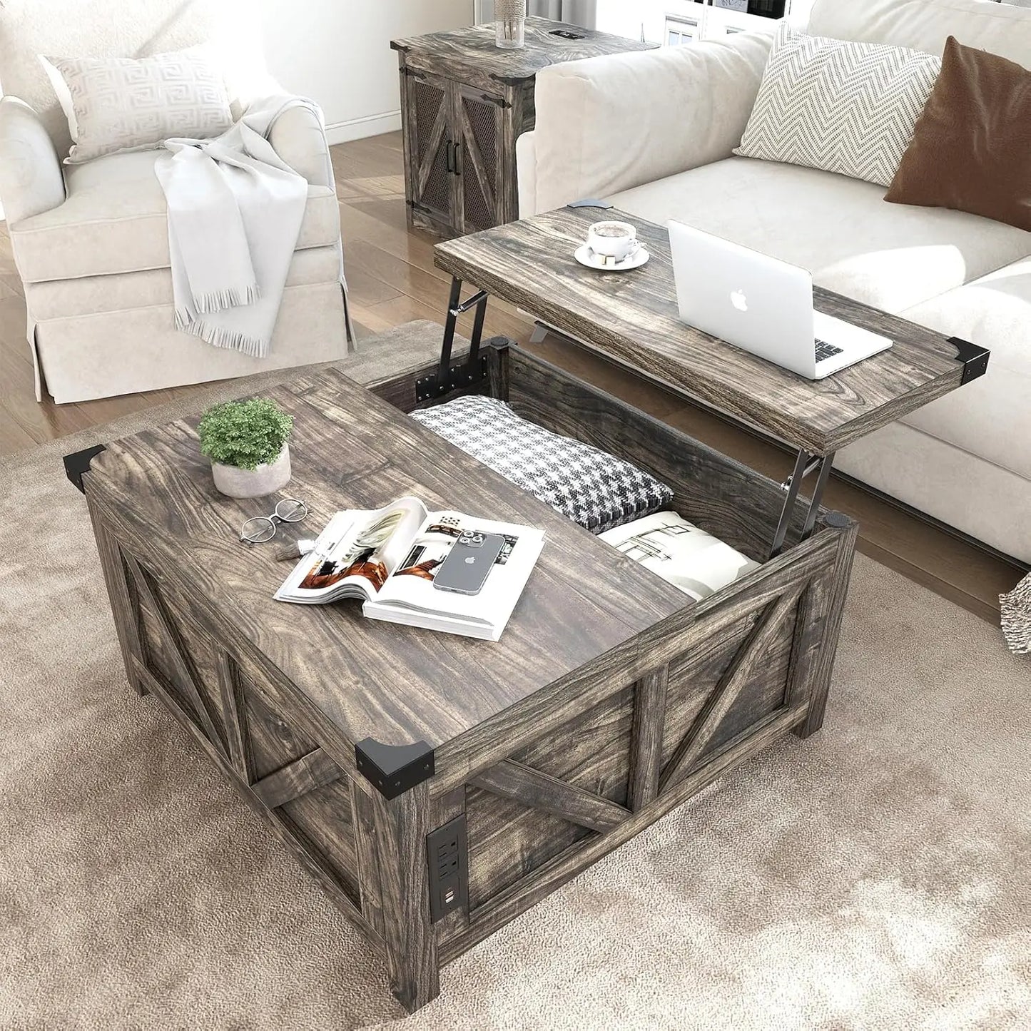 Lift Top Coffee Table with Charging Station Power Outlets &USB Ports