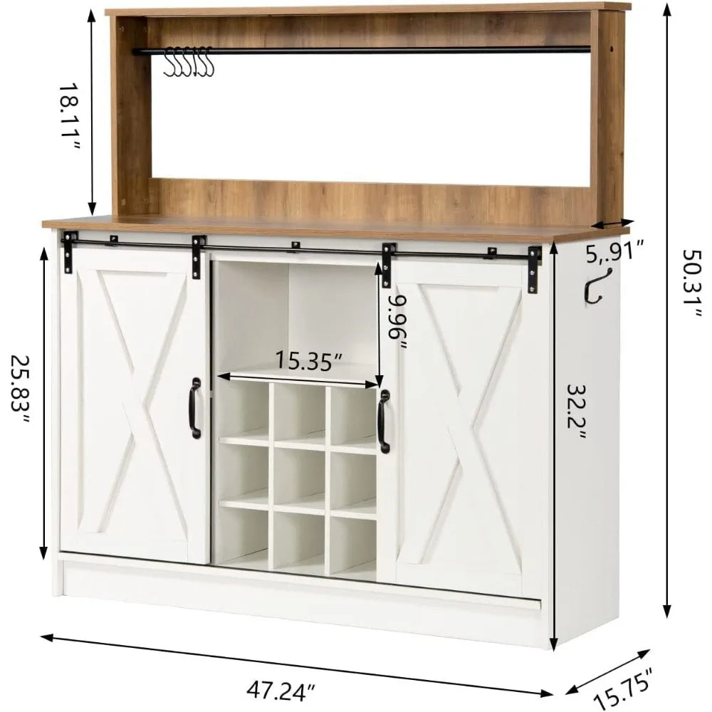 Farmhouse Coffee Bar with 9 Wine Racks and 6 Hooks, Cabinet with Cabinet, Kitchen Buffet Cabinets