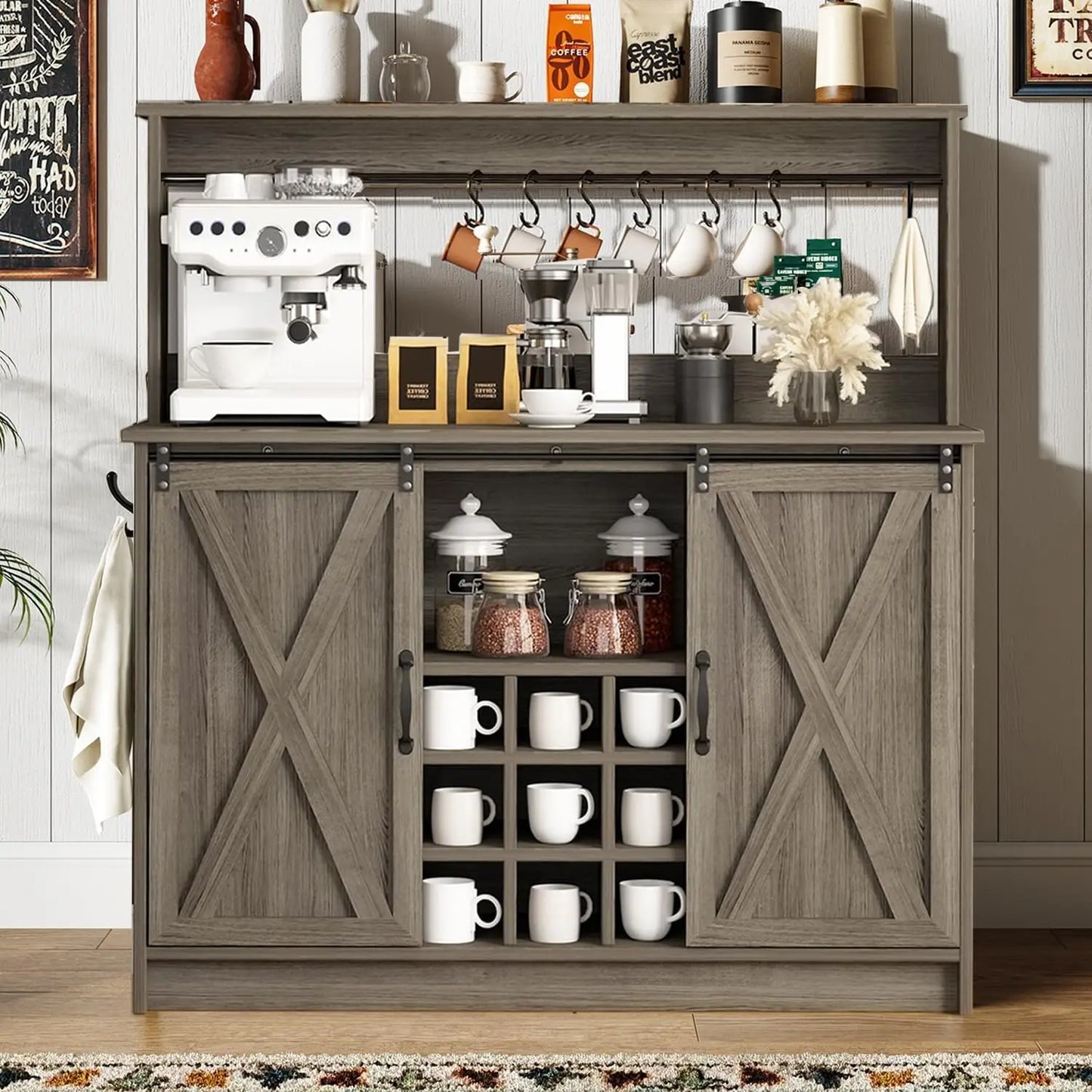 Farmhouse Coffee Bar with 9 Wine Racks and 6 Hooks, Cabinet with Cabinet, Kitchen Buffet Cabinets