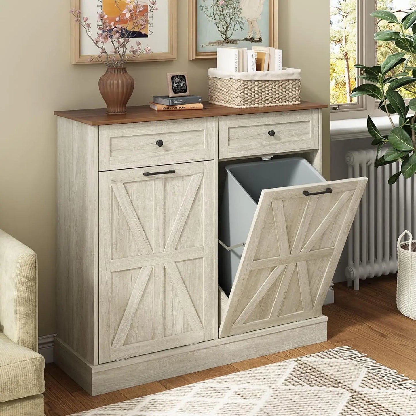Trash Cabinet Double Tit Out Trash Bin, black, grey, white or walnut white