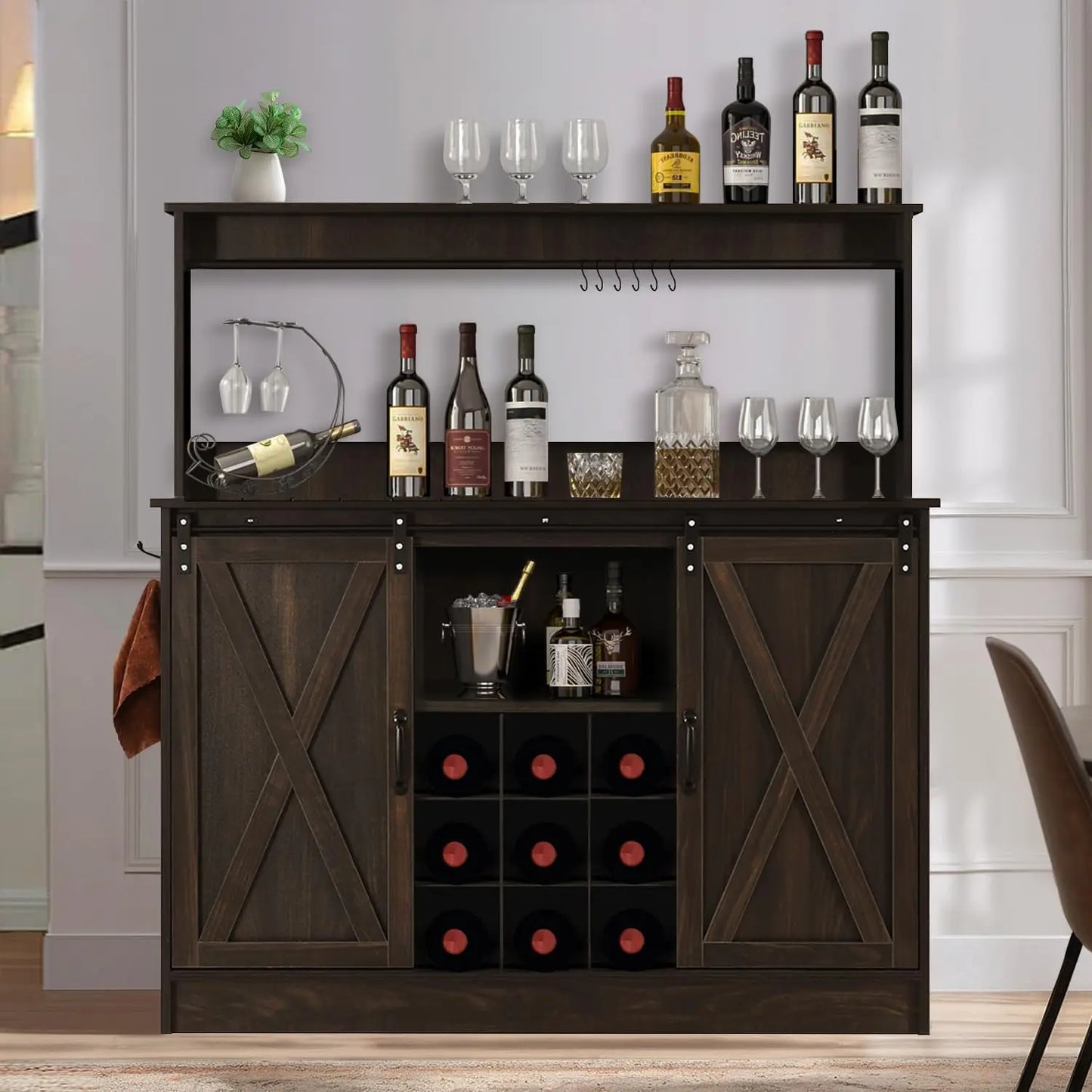Farmhouse Coffee Bar with 9 Wine Racks and 6 Hooks, Cabinet with Cabinet, Kitchen Buffet Cabinets
