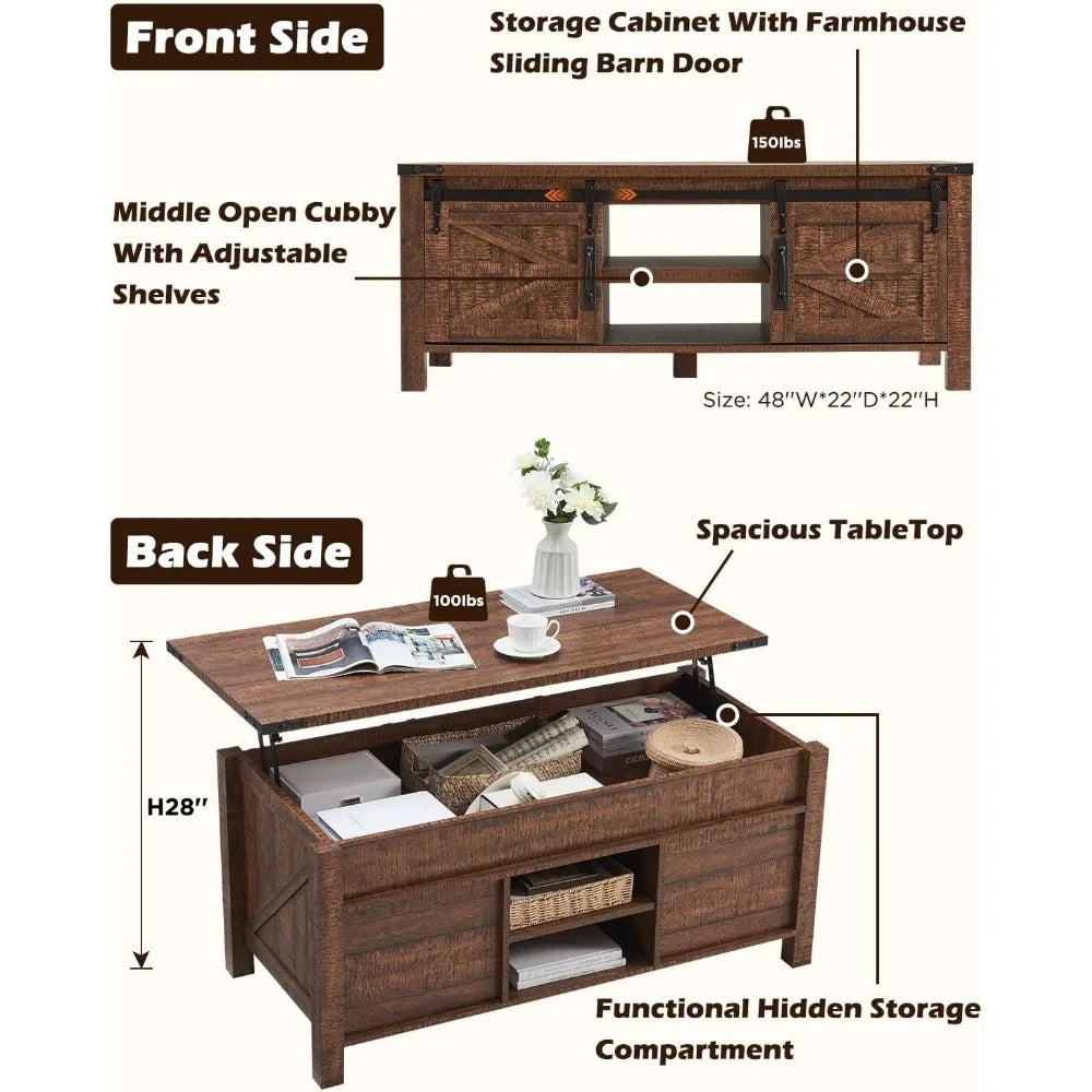 Coffee Table Lift Top with hidden storage, Sliding Barn door cabinets and center shelf
