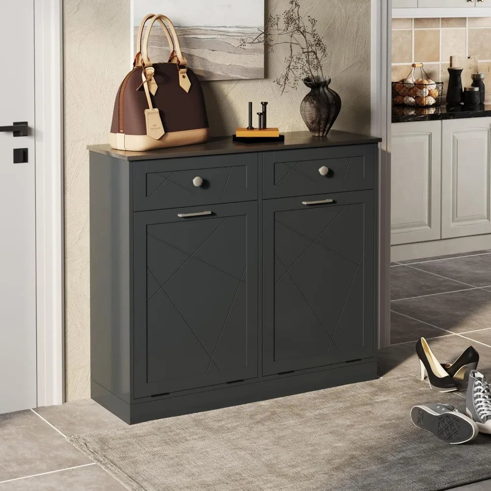 Trash Cabinet Double Tit Out Trash Bin, black, grey, white or walnut white