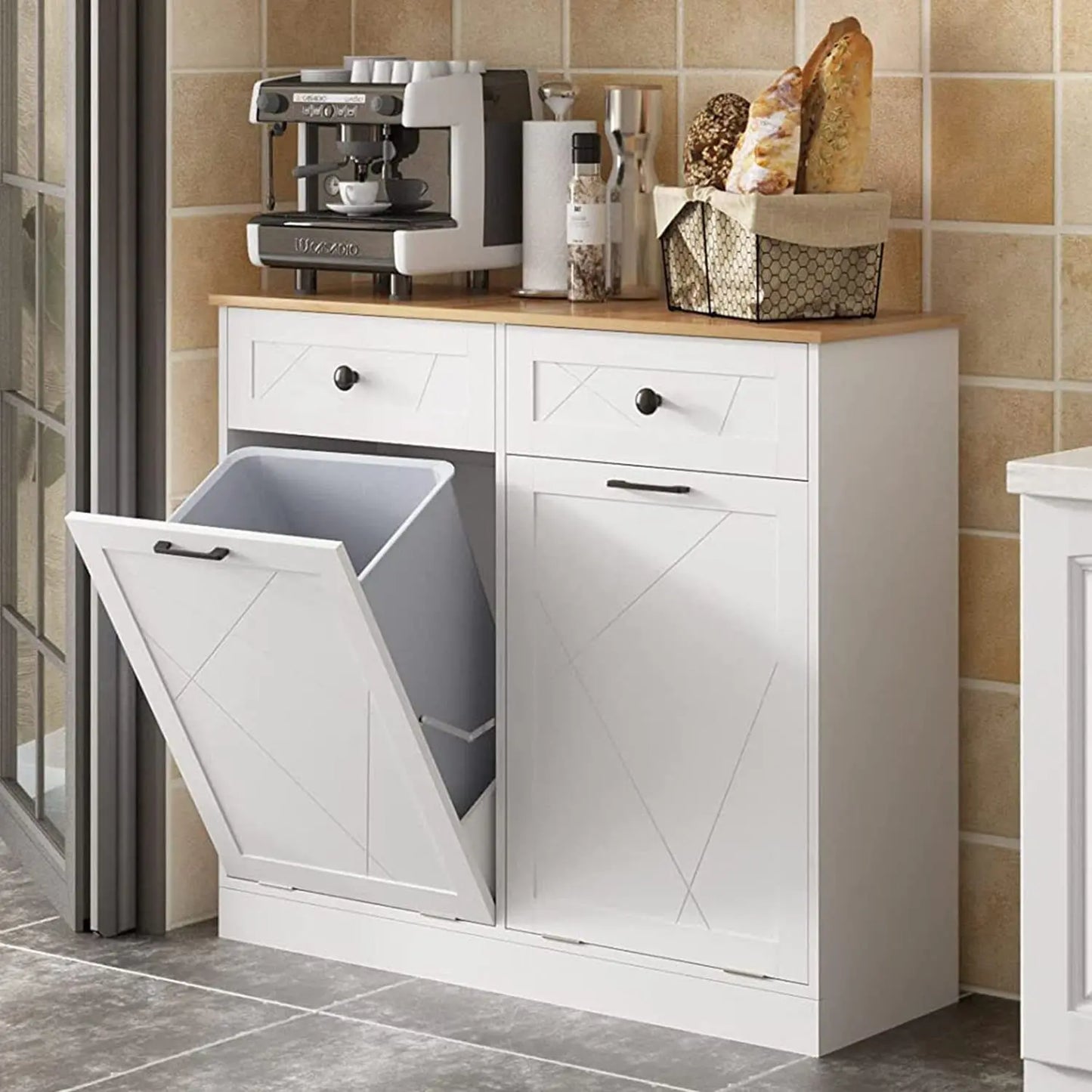 Trash Cabinet Double Tit Out Trash Bin, black, grey, white or walnut white