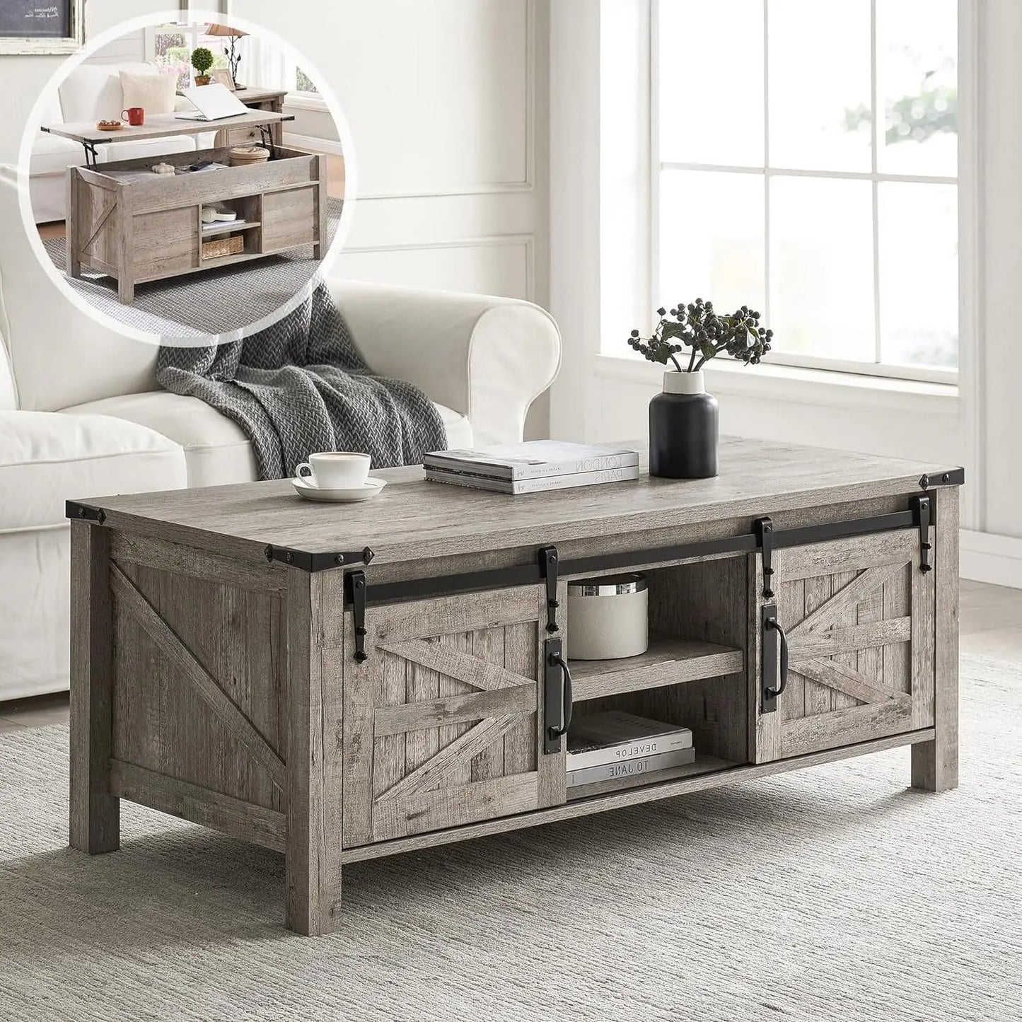 Coffee Table Lift Top with hidden storage, Sliding Barn door cabinets and center shelf