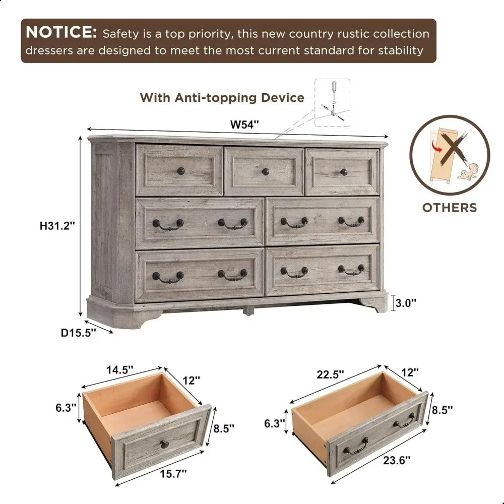 Farmhouse 7 Drawers Dresser for Bedroom, 54" Wide