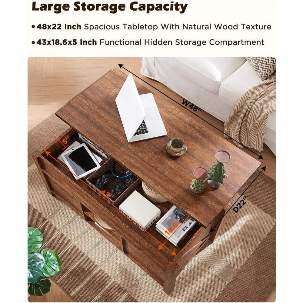 Coffee Table Lift Top with hidden storage, Sliding Barn door cabinets and center shelf