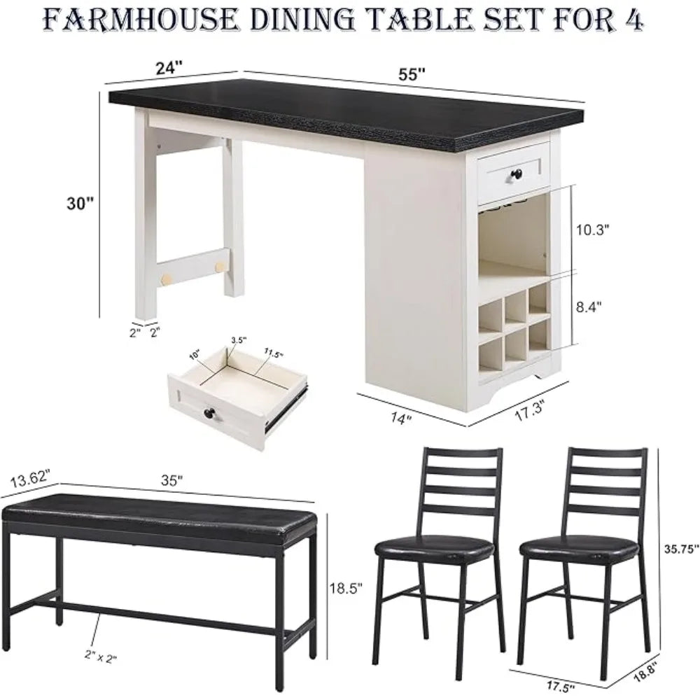 Farmhouse Dining Table Set with 2 Chairs and Bench, white, grey or light brown
