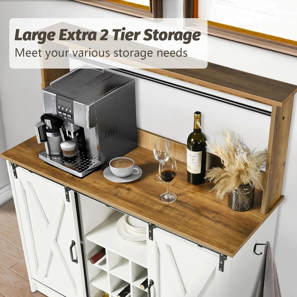 Farmhouse Coffee Bar with 9 Wine Racks and 6 Hooks, Cabinet with Cabinet, Kitchen Buffet Cabinets