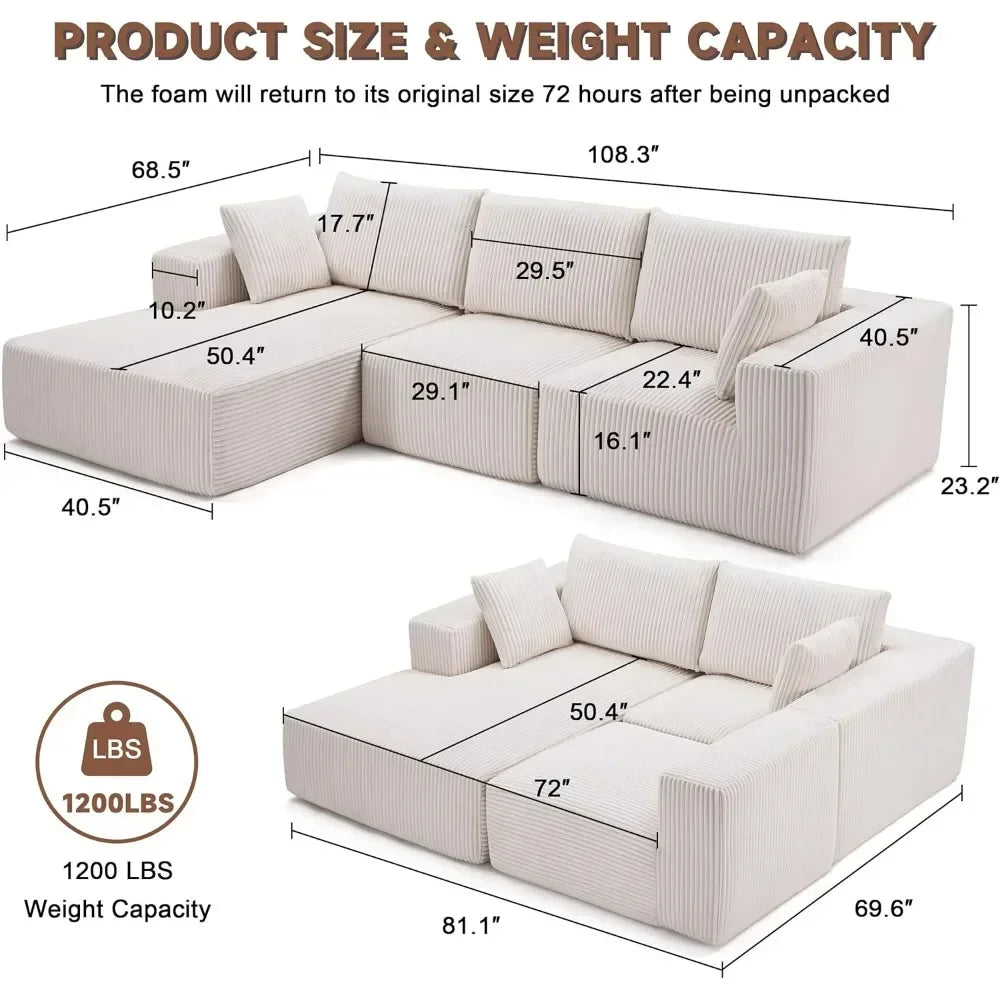 Sofa, 108” Modular Sectional Sofa, Sponge, various colors