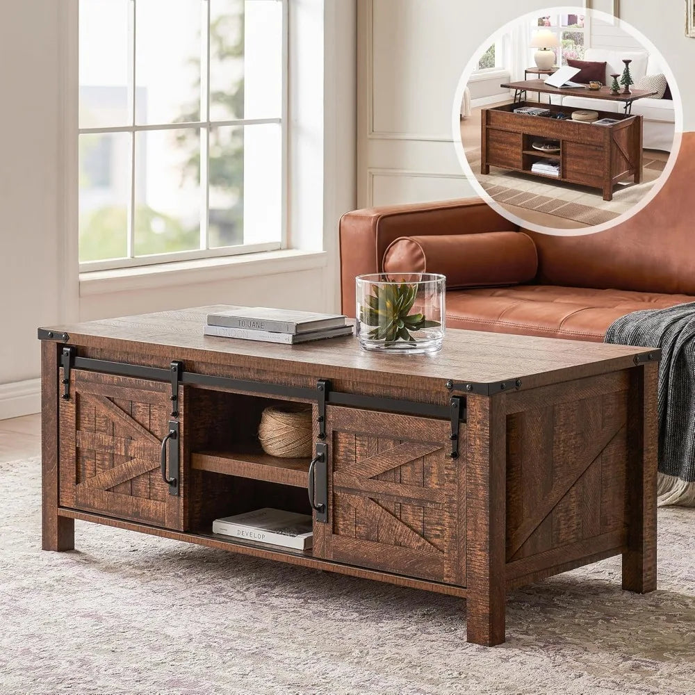 Coffee Table Lift Top with hidden storage, Sliding Barn door cabinets and center shelf