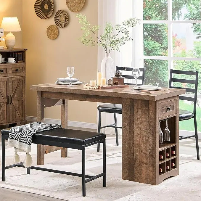 Farmhouse Dining Table Set with 2 Chairs and Bench, white, grey or light brown