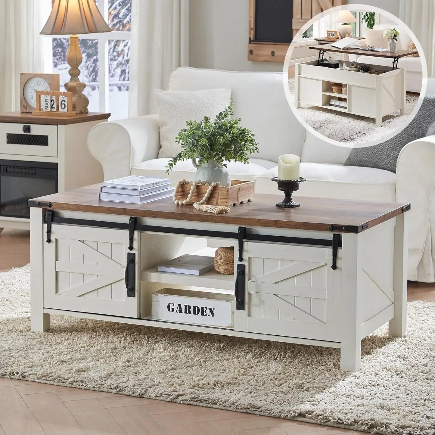Coffee Table Lift Top with hidden storage, Sliding Barn door cabinets and center shelf