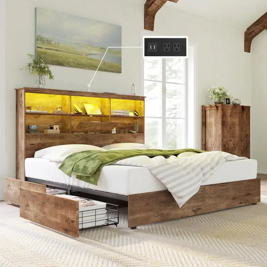 Bed Frame with LED Bookcase Headboard, 4 Storage Drawers & Charging Station, King or queen various shades