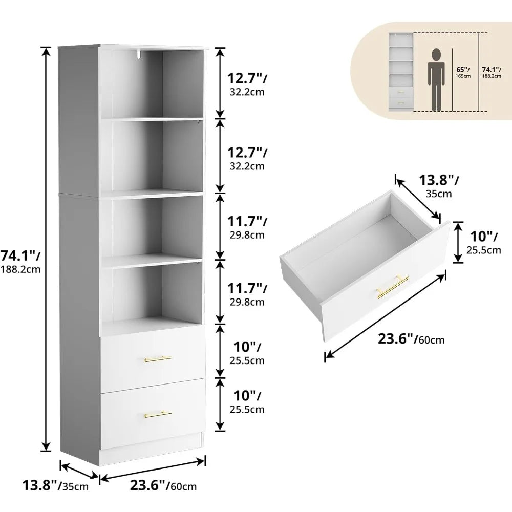 74.1'' with Drawers, 4 Shelf Bookcase