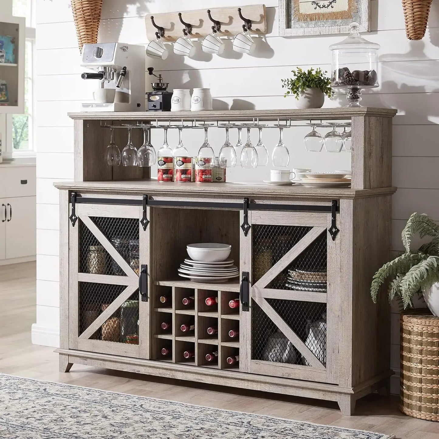 Wine Bar Cabinet W/Sliding Barn Door & Wine and Glass Rack with LED Lighting, various shades