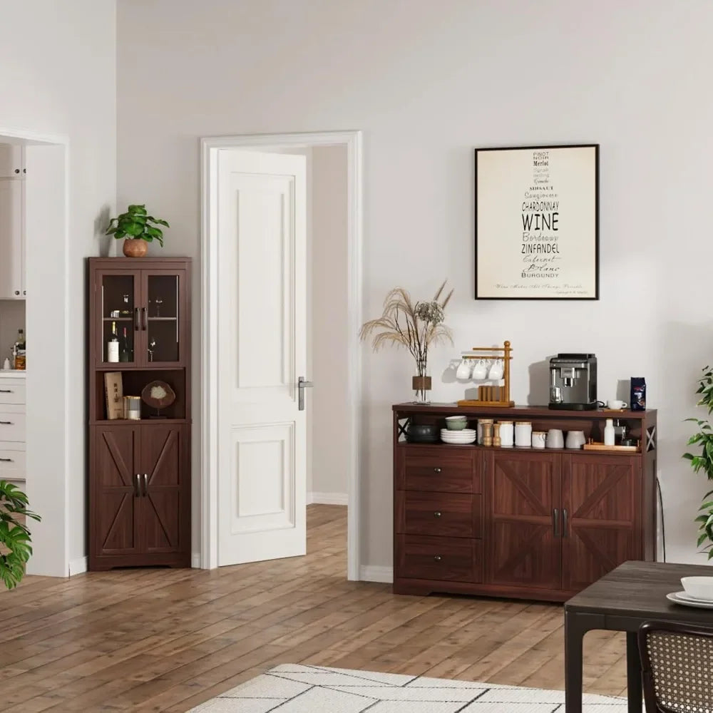 47" Farmhouse Storage Cabinet with Barn Doors & Drawers, Sideboard Buffet Cabinet with Storage.