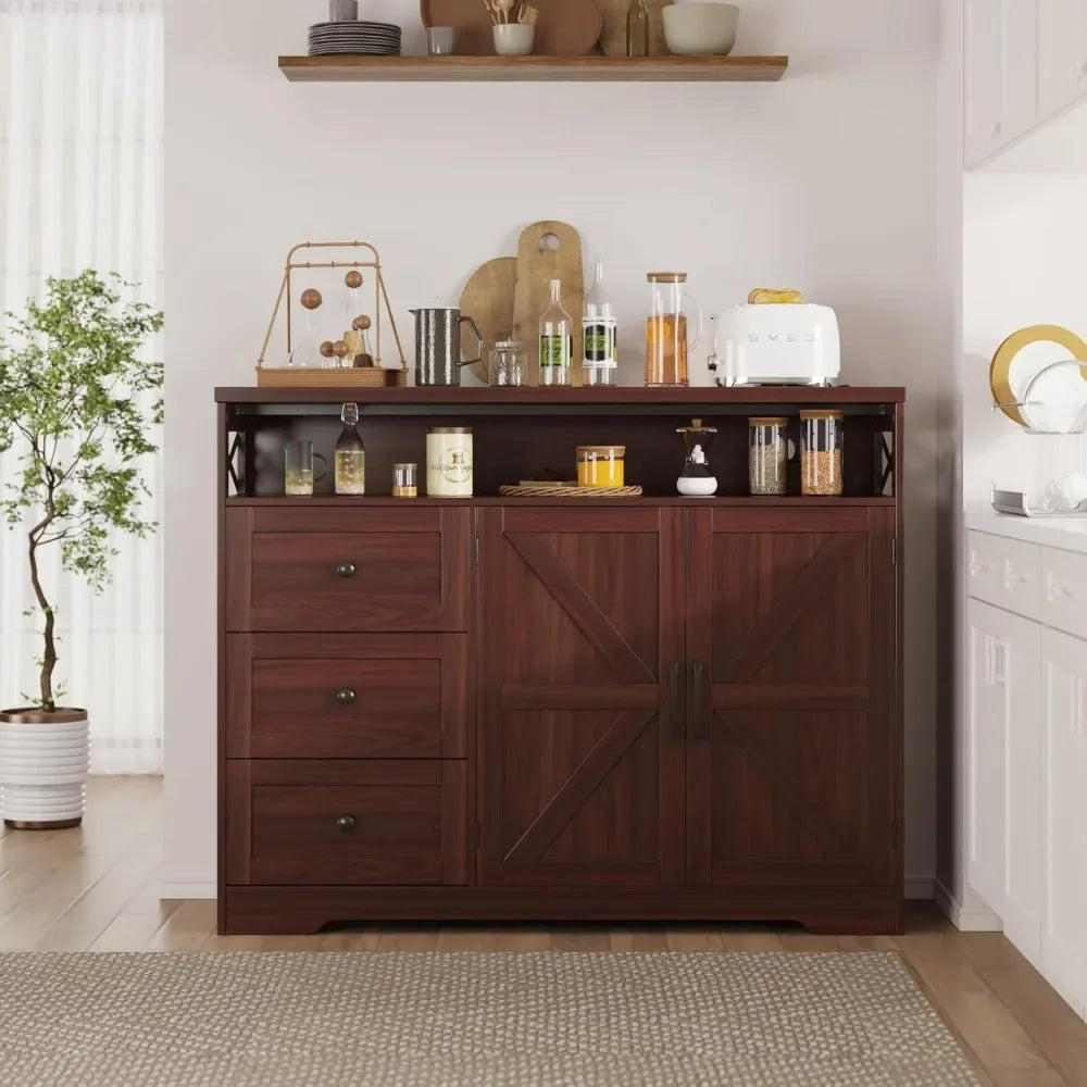 47" Farmhouse Storage Cabinet with Barn Doors & Drawers, Sideboard Buffet Cabinet with Storage.