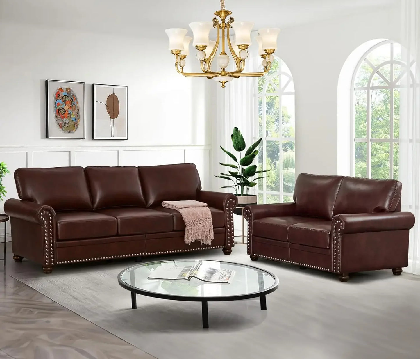 2-Piece Comfy Upholstered PU Leather Sofa Couch Set, Mid-Century Modern Loveseat Sofa+3 Seater Couch with Storage Space