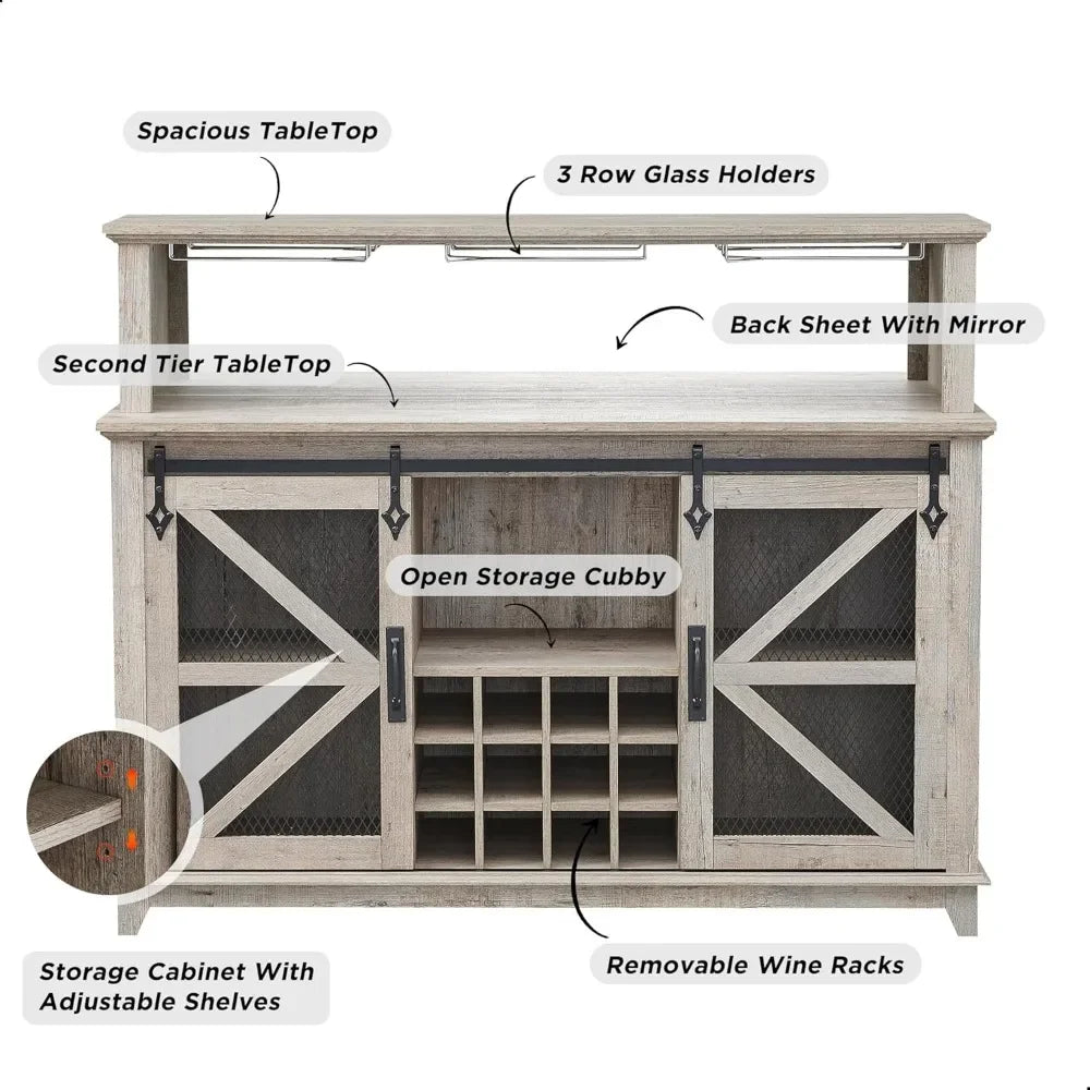 Wine Bar Cabinet W/Sliding Barn Door & Wine and Glass Rack with LED Lighting, various shades