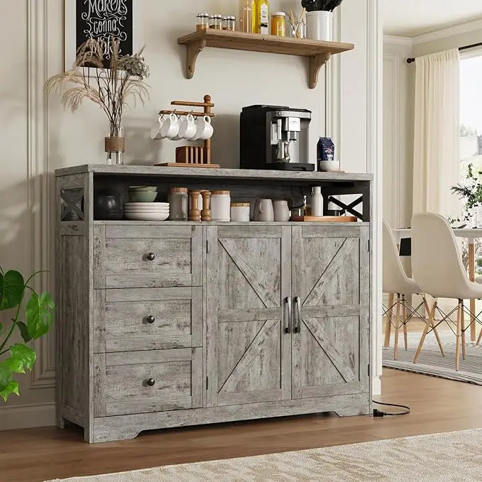 47" Farmhouse Storage Cabinet with Barn Doors & Drawers, Sideboard Buffet Cabinet with Storage.