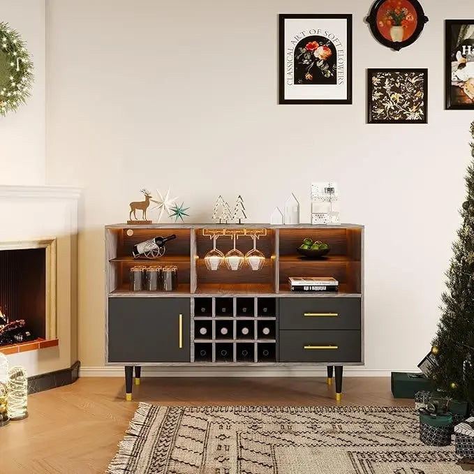 Bar Cabinet, 47 inch Walnut - Modern Cabinet with LED Light and Charging Station. Also in white or black