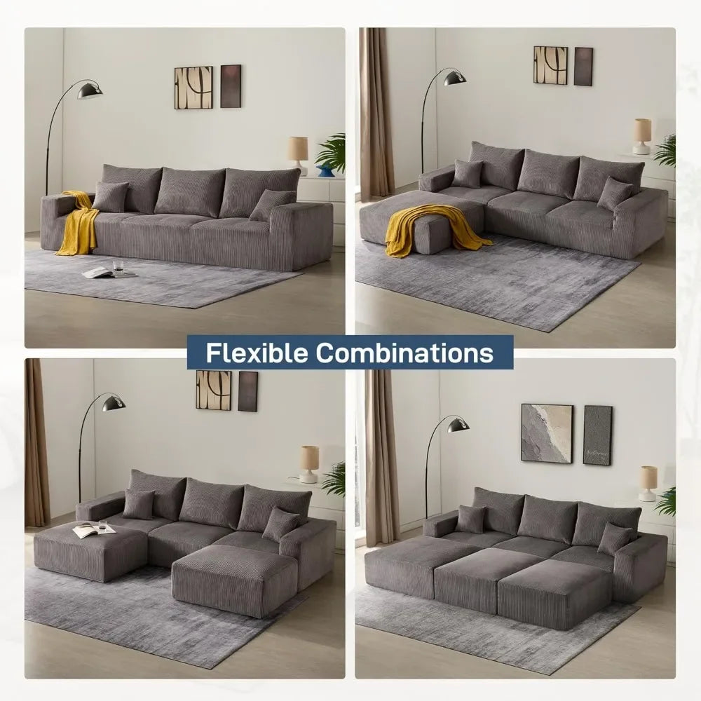 113'' 3 Seater L-Shaped Lounge Cloud Couch-No Assembly Modular Corduroy Convertible Sponge Compression Sofa