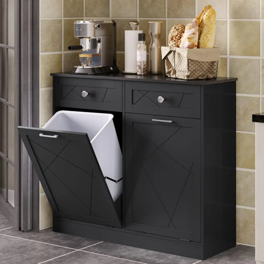 Trash Cabinet Double Tit Out Trash Bin, black, grey, white or walnut white