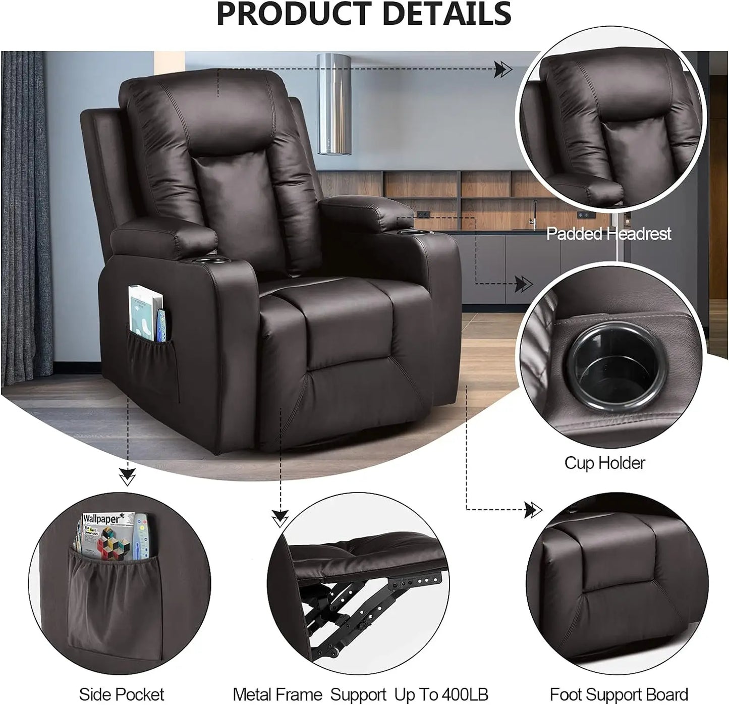 Leather Recliner Chair Modern Rocker with Heated Massage