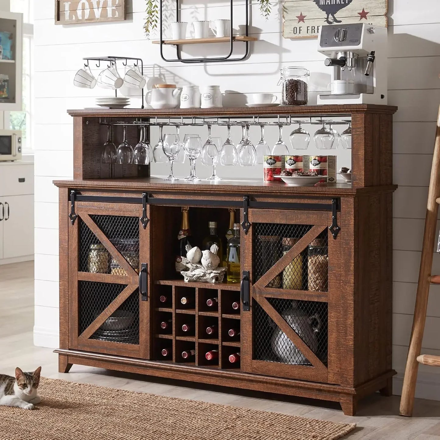 Wine Bar Cabinet W/Sliding Barn Door & Wine and Glass Rack with LED Lighting, various shades