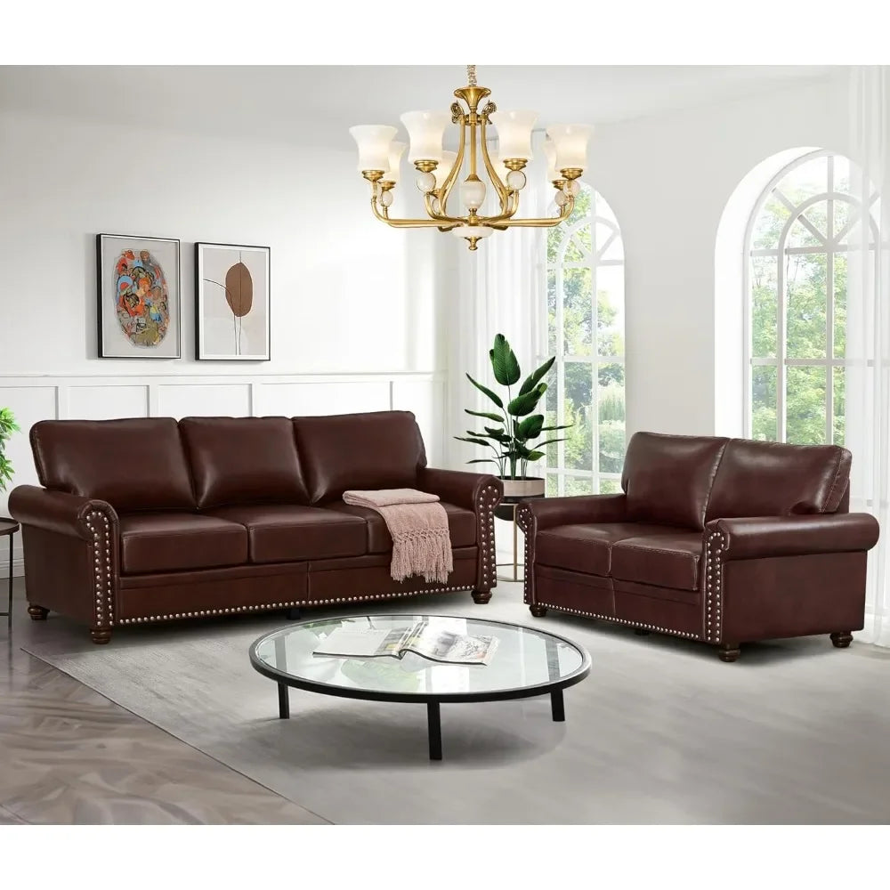 2-Piece Comfy Upholstered PU Leather Sofa Couch Set, Mid-Century Modern Loveseat Sofa+3 Seater Couch with Storage Space