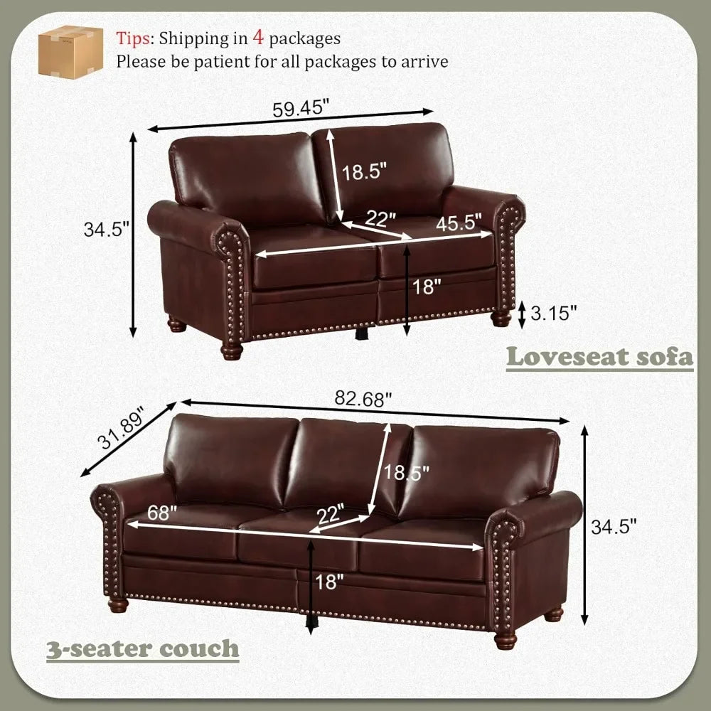 2-Piece Comfy Upholstered PU Leather Sofa Couch Set, Mid-Century Modern Loveseat Sofa+3 Seater Couch with Storage Space